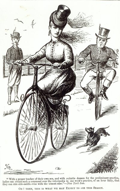 Cartoon van een Dame op een Velocipede, 1869 door American School